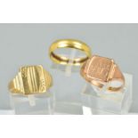 TWO 9CT GOLD RINGS AND AN 18CT GOLD RING, the first of square signet ring design with engraved