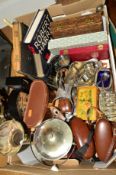 A BOX OF SILVER PLATE, COLLECTABLES, etc, including cameras, an album of cigarette cards, etc