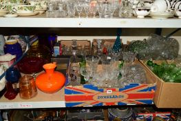 FIVE BOXES AND LOOSE PRESSED AND CUT GLASS etc, to include fruitbowls, drinking glasses, vases,
