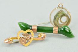 TWO EARLY 20TH CENTURY BROOCHES AND A HAIR PANEL PENDANT, the first brooch designed as an