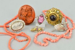 NINE ITEMS OF JEWELLERY to include a late Victorian silver oval shape brooch, a graduated coral bead