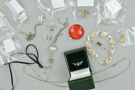 A SELECTION OF MAINLY SILVER AND WHITE METAL JEWELLERY to include five pairs of earrings, seven