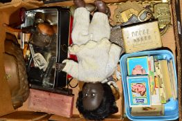 A BOX OF METALWARE AND EPHEMERA, to include horse brasses, flasks, bottle openers, set of weights (