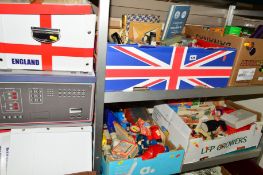 FIVE BOXES AND LOOSE OF SUNDRIES, to include tins, sewing items, 'Postman Pat' novelty items, games,