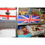 FIVE BOXES AND LOOSE OF SUNDRIES, to include tins, sewing items, 'Postman Pat' novelty items, games,