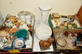 FOUR BOXES OF CERAMICS AND GLASSWARE, including Royal Doulton character jugs etc