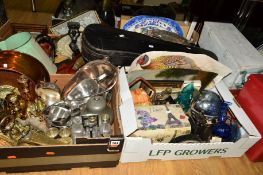 FOUR BOXES OF SUNDRY ITEMS, to include metalwares, 35mm Olympus Trip, petit point dressing table