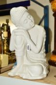 A MODERN CERAMIC SCULPTURE OF A SEATED BUDDHA in a white glaze, approximate height 34cm