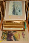 ONE BOX AND LOOSE PICTURES AND PRINTS etc to include a watercolour painting of barges working on the