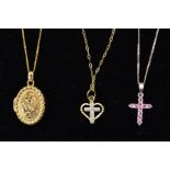 THREE PENDANTS, the first a cross pendant set with stones assessed as pink sapphires, suspended from