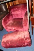 A RED UPHOLSTERED ARMCHAIR with matching footstool (2)