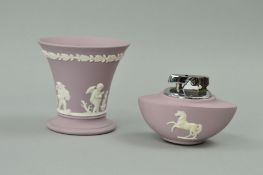 TWO PIECES OF WEDGWOOD PURPLE JASPERWARES to include table lighter