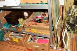 THREE BOXES AND LOOSE SUNDRY ITEMS, to include clocks (one with key and pendulum), barometers, books