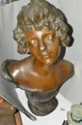 AN ART NOUVEAU BRONZED BUST OF A YOUNG WOMAN, titled 'PHEBE' after Julian Causse, height 46cm