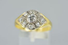 AN EARLY 20TH CENTURY DIAMOND DRESS RING, bombe shape, centring on a principle old cut diamond,