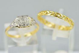 TWO 18CT GOLD DRESS RINGS to include a mid 20th Century diamond square cluster ring, ring size Q,