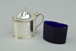 A LATE VICTORIAN SILVER OVAL MUSTARD, domed cover with urn finial, blue glass liner, makers Thomas