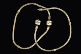 TWO PANDORA BRACELETS designed as plain snake chains, lengths 185mm and 200mm, total weight 30.5