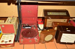 A MAY FAIR DELUXE GRAMAPHONE, (red), together with nine various radios, to include 'Sky Queen Ever