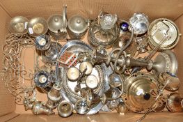 A BOX OF SILVER PLATE, etc including candlesticks, preserve pots etc