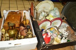 THREE BOXES OF BRASSWARE, CERAMICS AND GLASSWARE, including Victorian work box, teawares, figurines,