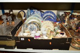 FOUR BOXES AND LOOSE ASSORTED CERAMICS AND CUT GLASS etc to include Wedgwood Queens Ware, Masons,