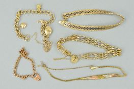 FIVE ASSORTED BRACELETS comprising two three colour gold flat link bracelets, a four bar straight