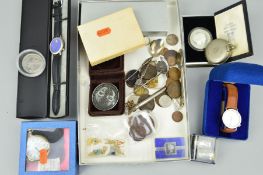 A BOX OF COMMEMORATIVE COINS, MEDALLIONS, PIN BADGES, other loose coinage, wrist watches, etc and