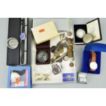 A BOX OF COMMEMORATIVE COINS, MEDALLIONS, PIN BADGES, other loose coinage, wrist watches, etc and