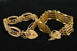 TWO 9CT GOLD GATE BRACELETS, one with a fancy link bracelet, both with heart padlock clasps, both