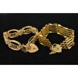 TWO 9CT GOLD GATE BRACELETS, one with a fancy link bracelet, both with heart padlock clasps, both