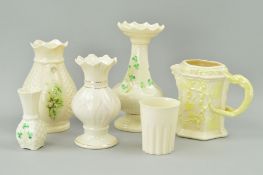 A GROUP OF BELLEEK AND IRISH LUSTRE PORCELAIN, various backstamps, to include a beaker (black
