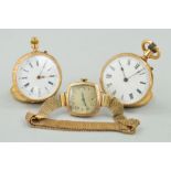 THREE EARLY 20TH CENTURY GOLD POCKET WATCHES AND WRISTWATCHES, an English small pocket watch,