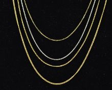 FOUR CHAIN NECKLACES to include two fine belcher link chains, one in white gold, one in yellow