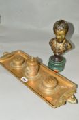 A LATE 19TH CENTURY BRONZE DESK STAND OF CLASSICAL DESIGN, together with a bronzed bust of a young