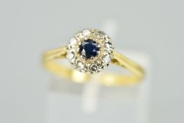 A SAPPHIRE AND DIAMOND CLUSTER RING, the central circular sapphire within a single cut diamond