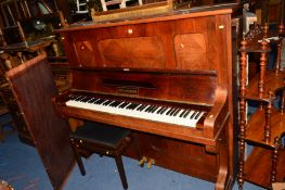 A 20TH CENTURY WALNUT STEINMAYER UPRIGHT PIANO, the inner lid brass inlaid stamped with the maker,