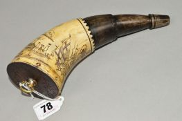 A HORN POWDER FLASK, with Scrimshaw style decoration of coat of arms, New York, Albany and other