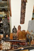 A BOX OF 19TH AND 20TH CENTURY TRIBAL/ORIENTAL AND OTHER TREEN including carved figures, boxes and a