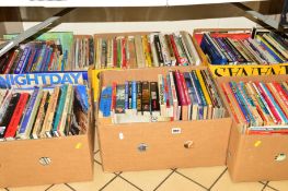 SIX BOXES OF BOOKS, to include childrens annuals, Royal Family etc