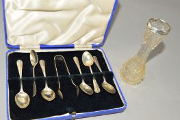 A CASED SET OF SIX GEORGE V SILVER COFFEE SPOONS AND MATCHING SUGAR TONGS, makers Cooper