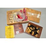 TWO 19TH CENTURY BONE SETS OF CHESS MEN, incomplete and damaged, together with a boxed set of