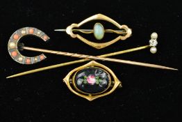 TWO STICKPINS AND TWO CHARLES HORNER BROOCHES, the first stickpin designed as a slanted row set with