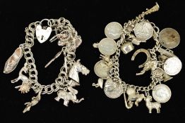 TWO CHARM BRACELETS, the curb link and double curb link bracelets suspending a total of forty charms
