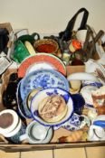 TWO BOXES OF CERAMICS, etc, including blue and white bowls, decorative plates etc