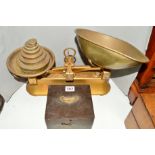 A HUNT & CO (LONDON) SET OF SHOP SCALES, with weights, with an unmarked replica cased brass