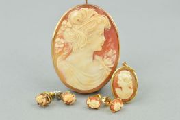 FOUR ITEMS OF CAMEO JEWELLERY to include an oval cameo brooch/pendant, length 55mm, a smaller oval