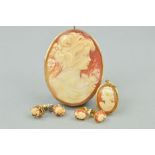 FOUR ITEMS OF CAMEO JEWELLERY to include an oval cameo brooch/pendant, length 55mm, a smaller oval