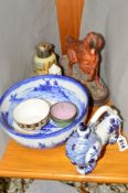 A GROUP OF CERAMICS etc, to include USSR Lion shaped flask, length 16cm, approximate length 16cm,