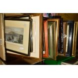 A BOX OF FRAMED PRINTS ETC, including 19th century topographical with hand tinting